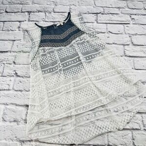 Miss Me Womens Tank Top L Chambray Lace Blue White Summer Casual Sleeveless